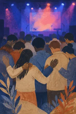 Adults Standing in Prayer Circle Indoors