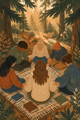 Intercessory Prayer Circle Beneath Evergreen Trees