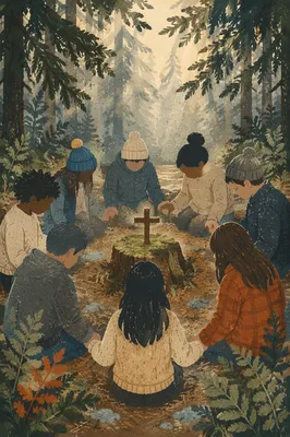Intercessory Prayer Circle in Evergreen Forest