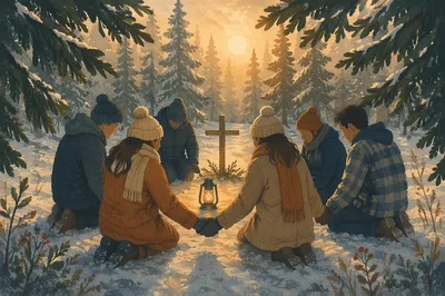 Intercessory Prayer Circle in Snowy Evergreen Forest