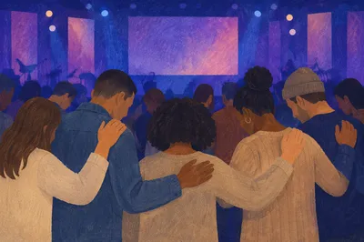 Adults Praying in Circle from Behind