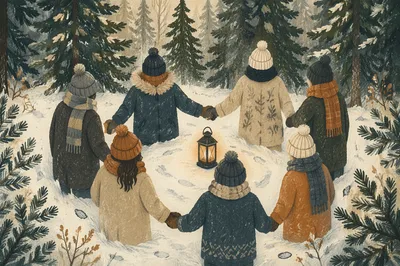 Winter Intercessory Prayer Circle in Evergreen Forest