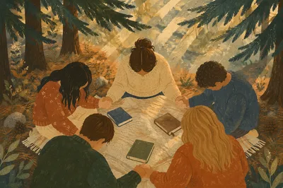 Intercessory Prayer Circle Beneath Evergreens