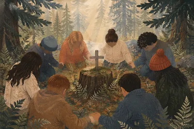 Intercessory Prayer Circle in Evergreen Forest