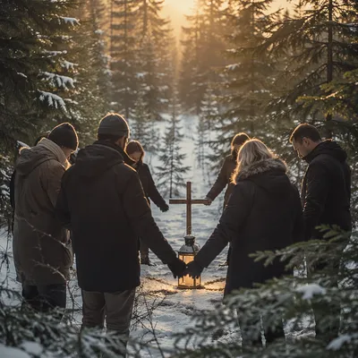 Intercessory Prayer Circle in Snowy Evergreen Forest
