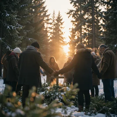 Intercessory Prayer Circle in Winter Evergreen Grove