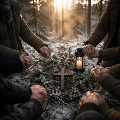 Intercessory Prayer Circle in Winter Evergreen Grove