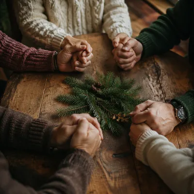 Evergreen Intercessory Prayer Circle on Rustic Table