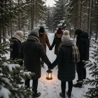 Intercessory Prayer Circle in Evergreen Forest