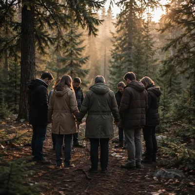 Intercessory Prayer Circle in Evergreen Forest