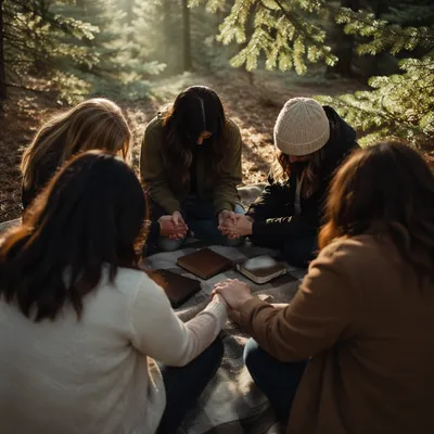 Intercessory Prayer Circle Beneath Evergreen Trees