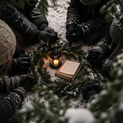 Intercessory Prayer Circle in Snowy Evergreen Grove