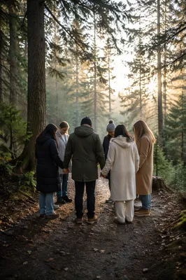 Intercessory Prayer Circle in Evergreen Forest