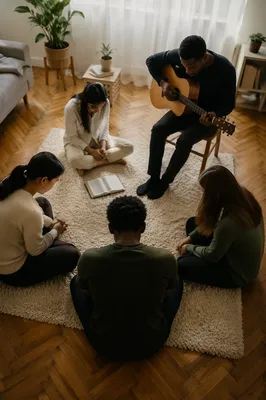 Intercessory Prayer Circle in Bright Living Room