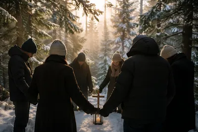 Intercessory Prayer Circle in Snowy Evergreen Forest