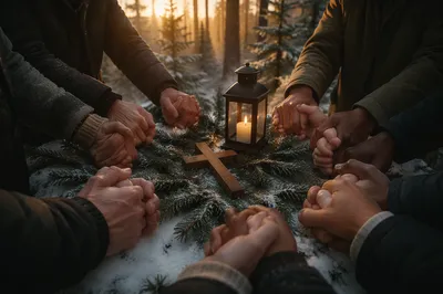 Intercessory Prayer Circle in Winter Evergreen Grove