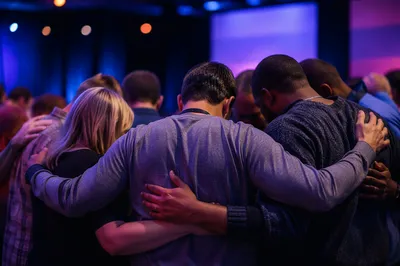 Adults Praying Together in Auditorium Circle