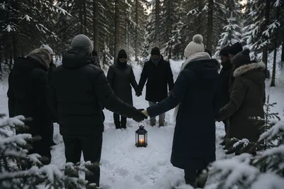 Intercessory Prayer Circle in Evergreen Forest