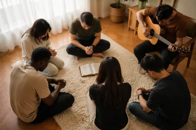 Intercessory Prayer Circle in Bright Living Room