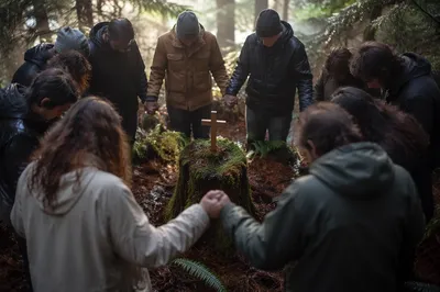 Intercessory Prayer Circle in Evergreen Forest