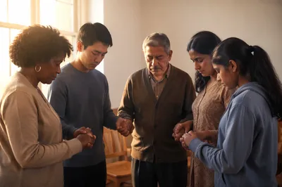 Multigenerational Prayer Circle in Soft Sunrise Light