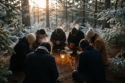 Intercessory Prayer Circle in Evergreen Forest