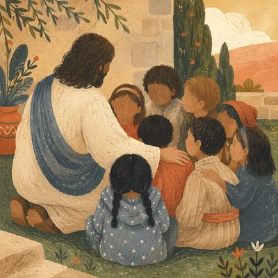 Jesus Blessing Children in Evergreen Courtyard