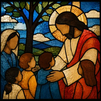 Jesus Blessing Children in Stained Glass