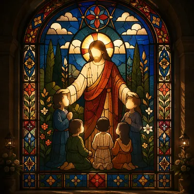 Jesus Blessing Children in Stained Glass