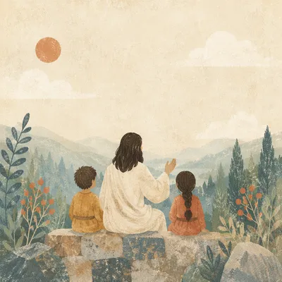 Jesus Blessing Children Over Evergreen Hills