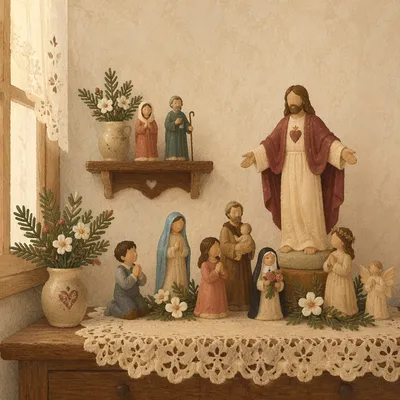 Religious Figurines on Lace Covered Table