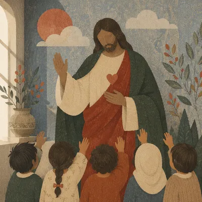 Jesus Blessing Children in Evergreen Folk Art