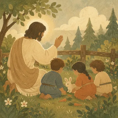 Jesus Blessing Children in Evergreen Garden