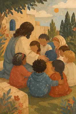 Jesus Blessing Children in Evergreen Courtyard