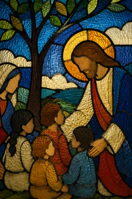 Jesus Blessing Children in Stained Glass