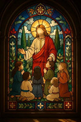 Jesus Blessing Children Stained Glass Window