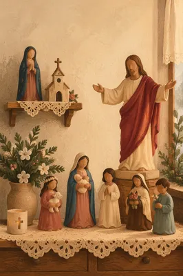 Religious Figurines on Lace Covered Table