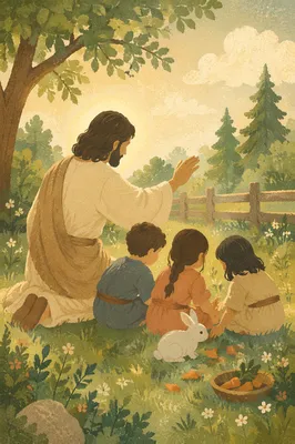 Jesus Blessing Children in Evergreen Garden
