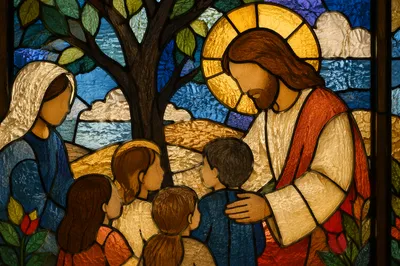 Jesus Blessing Children Stained Glass Scene