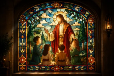 Jesus Blessing Children Stained Glass Window