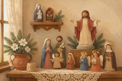 Religious Figurines on Lace Covered Table