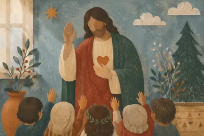 Jesus Blessing Children in Evergreen Robes