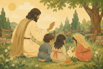 Jesus Blessing Children in Evergreen Garden