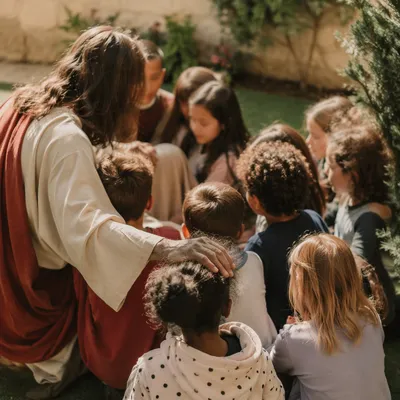 Jesus Blessing Children in Evergreen Courtyard
