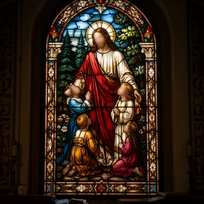 Jesus Blessing Children Stained Glass Window