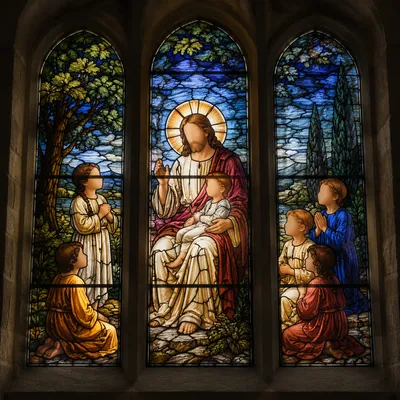 Stained Glass Jesus Blessing Children Scene