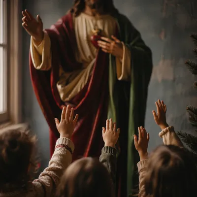 Jesus Blessing Children in Evergreen Light