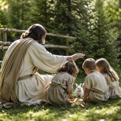 Jesus Blessing Children in Evergreen Garden