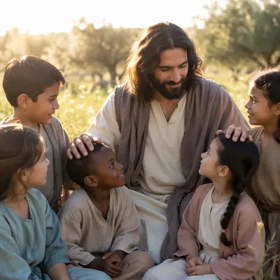 Jesus Blessing Children in Sunlit Meadow