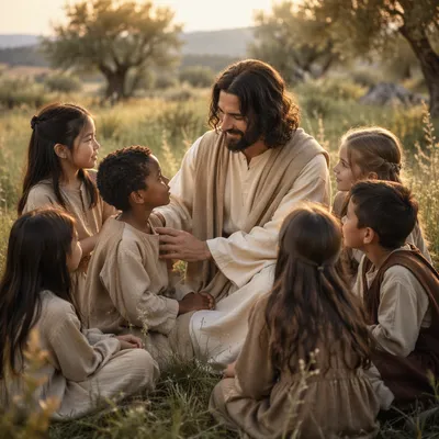 Jesus Blessing Children in Sunlit Meadow
